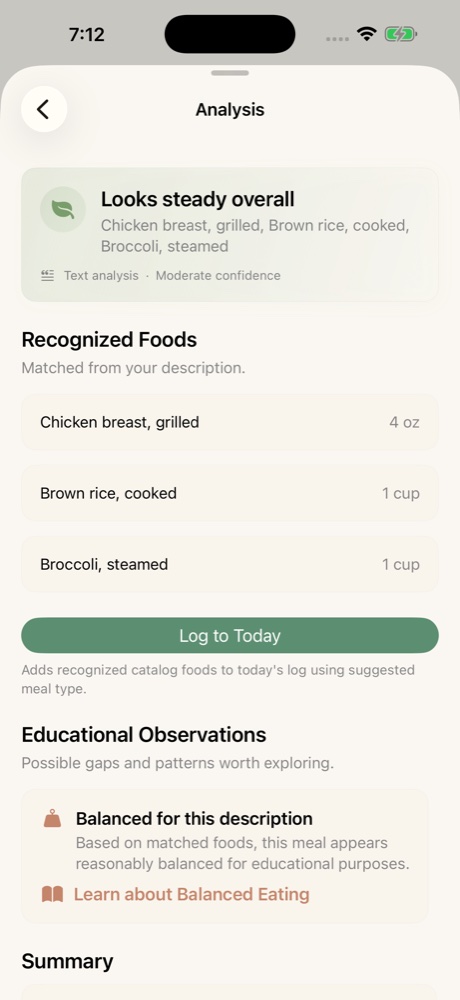 NutritionFlow's Analyze screen, showing recognized foods from a described meal and a calm, plain-language educational observation.